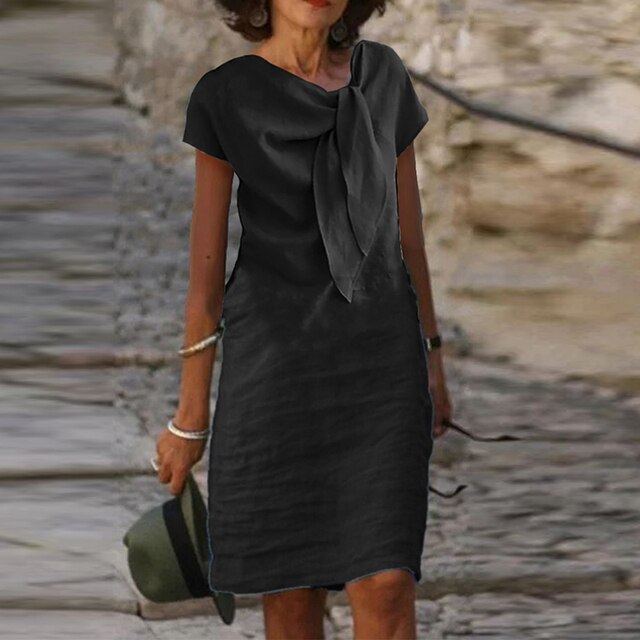 Robe de soirée femme – Coupe décontractée – Tissu léger – Nœud décoratif – Manches courtes – Longueur mini