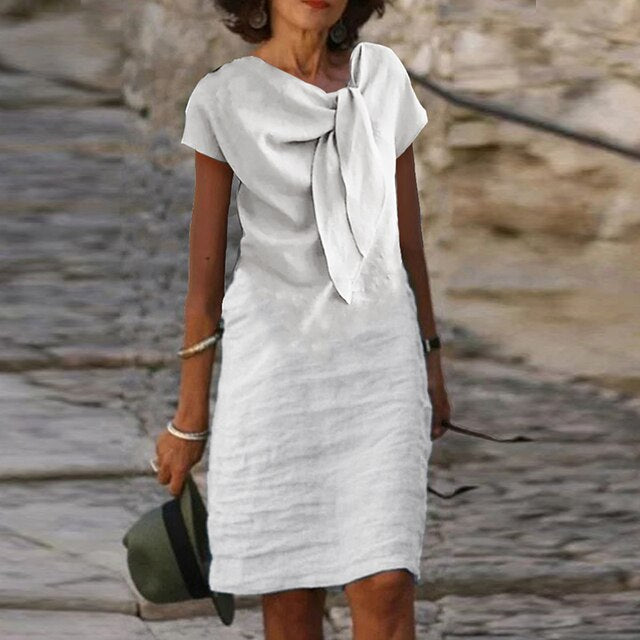 Robe de soirée femme – Coupe décontractée – Tissu léger – Nœud décoratif – Manches courtes – Longueur mini