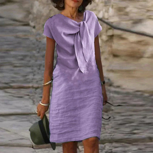 Robe de soirée femme – Coupe décontractée – Tissu léger – Nœud décoratif – Manches courtes – Longueur mini