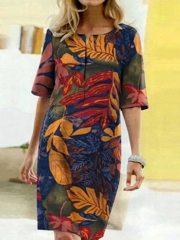 Robe femme mi-longue – Coupe décontractée – Manches mi-longues – Imprimé artistique