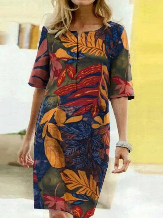 Robe femme mi-longue – Coupe décontractée – Manches mi-longues – Imprimé artistique