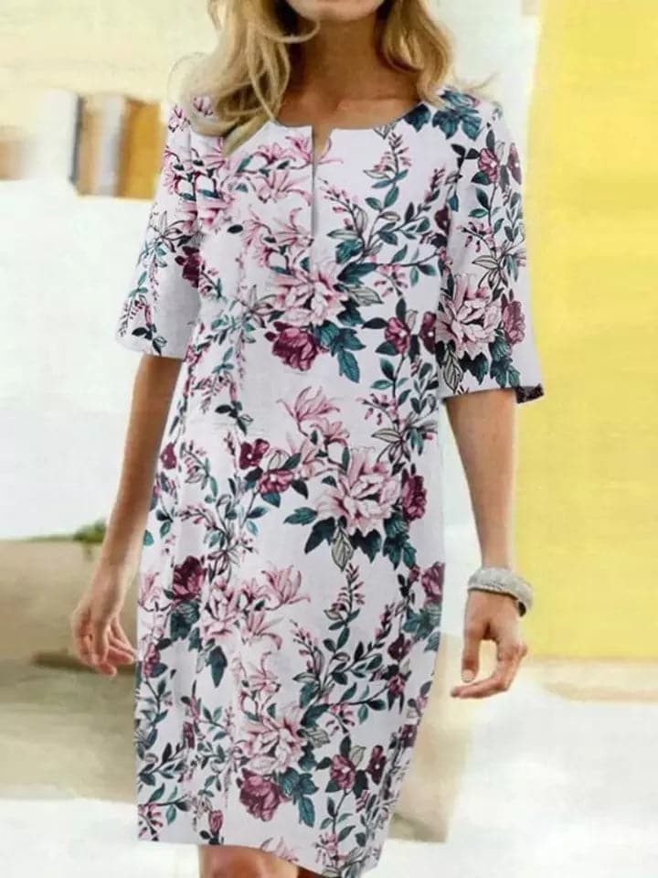 Robe femme mi-longue – Coupe décontractée – Manches mi-longues – Imprimé artistique