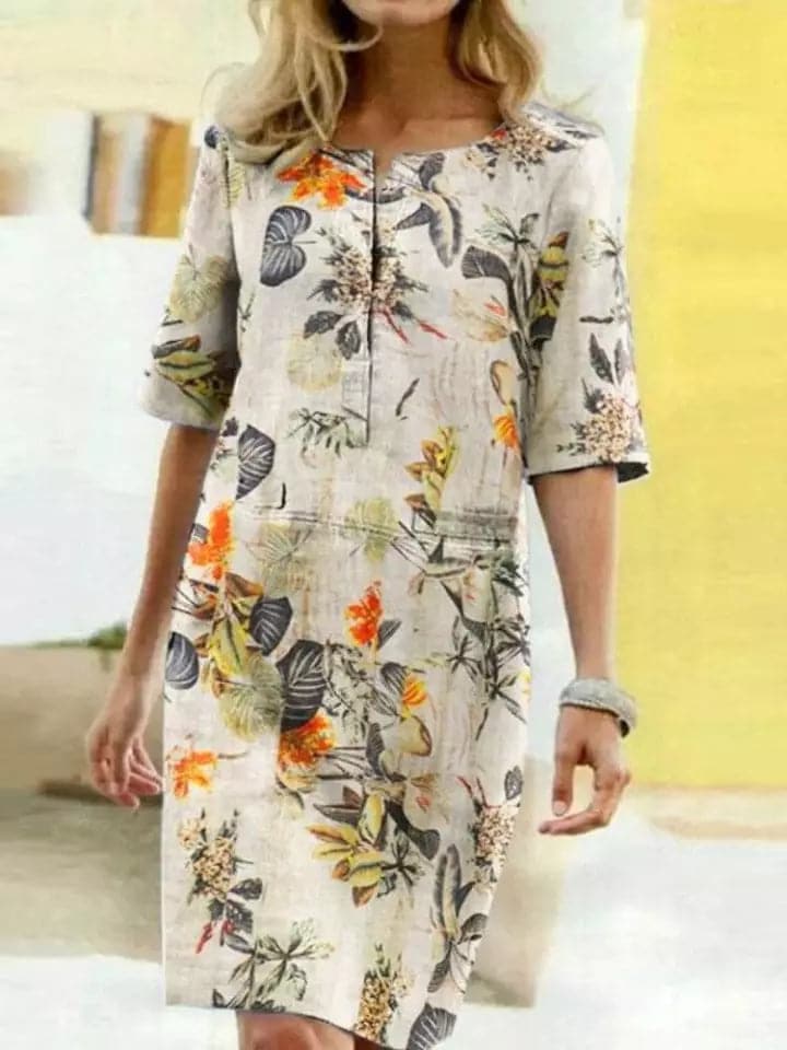 Robe femme mi-longue – Coupe décontractée – Manches mi-longues – Imprimé artistique