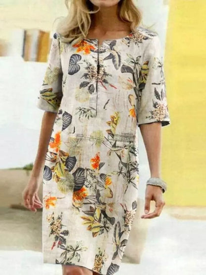 Robe femme mi-longue – Coupe décontractée – Manches mi-longues – Imprimé artistique