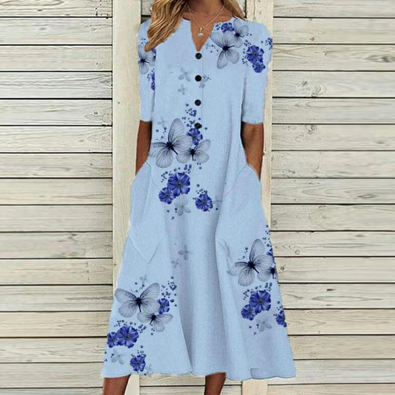 Robe midi femme – Coupe ample – Tissu respirant – Manches courtes – Boutonnée – Col V