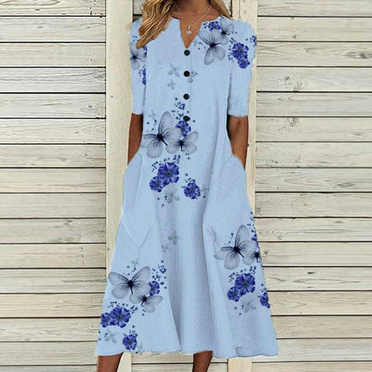 Robe midi femme – Coupe ample – Tissu respirant – Manches courtes – Boutonnée – Col V