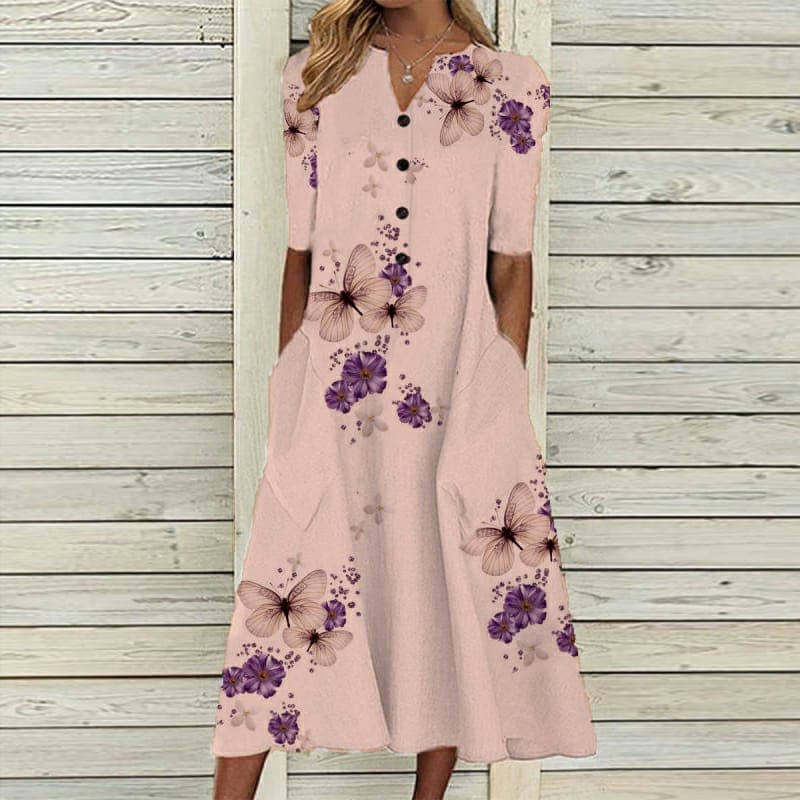 Robe midi femme – Coupe ample – Tissu respirant – Manches courtes – Boutonnée – Col V