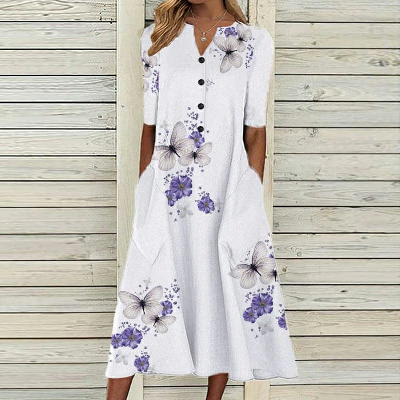 Robe midi femme – Coupe ample – Tissu respirant – Manches courtes – Boutonnée – Col V