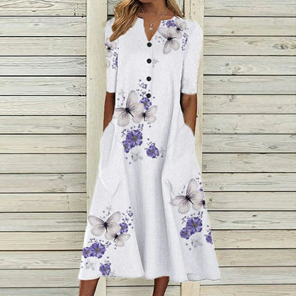 Robe midi femme – Coupe ample – Tissu respirant – Manches courtes – Boutonnée – Col V