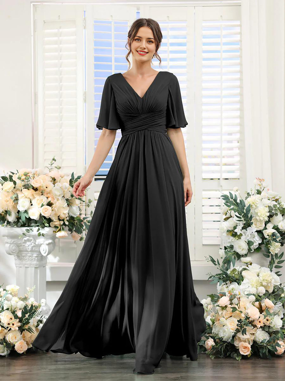 Robe femme longue – Chiffon – Col en V – Coupe évasée fluide – Manches courtes