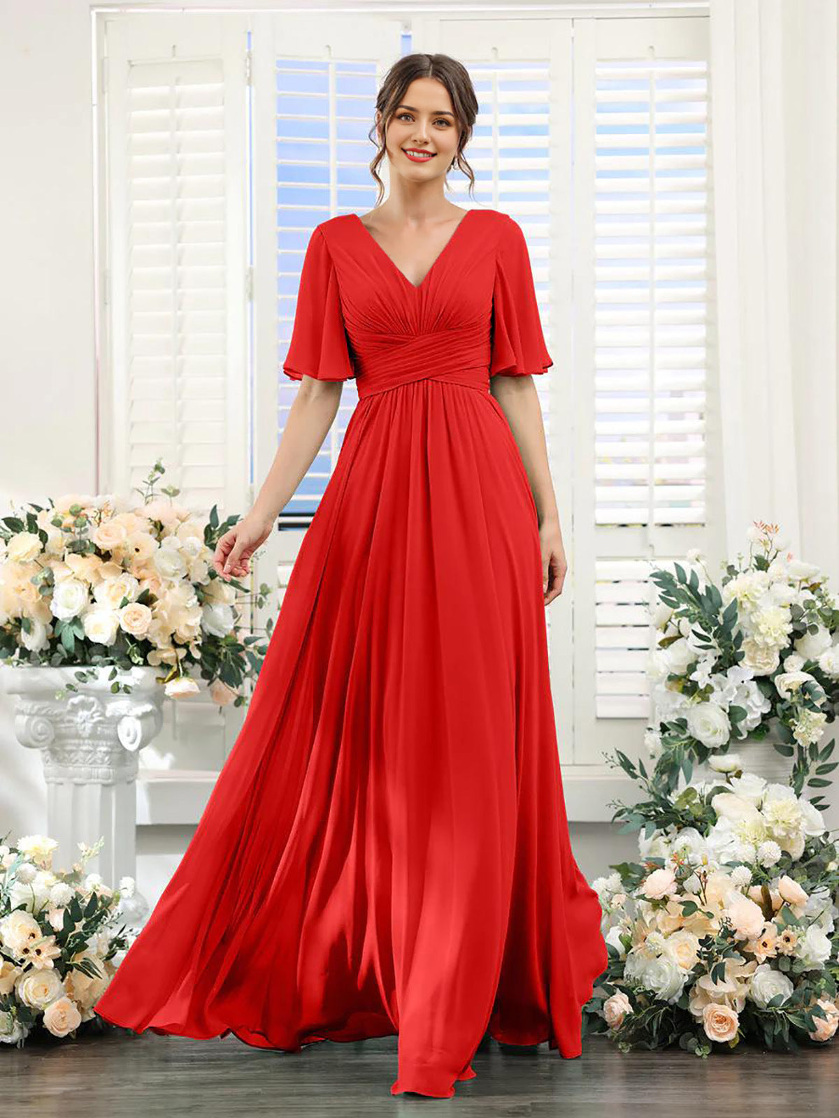 Robe femme longue – Chiffon – Col en V – Coupe évasée fluide – Manches courtes