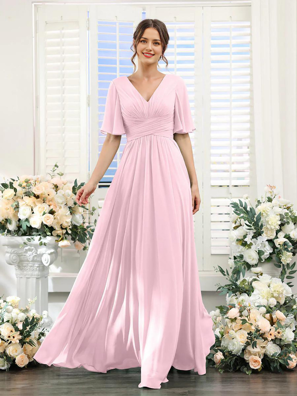 Robe femme longue – Chiffon – Col en V – Coupe évasée fluide – Manches courtes