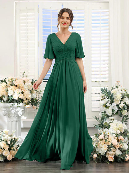 Robe femme longue – Chiffon – Col en V – Coupe évasée fluide – Manches courtes