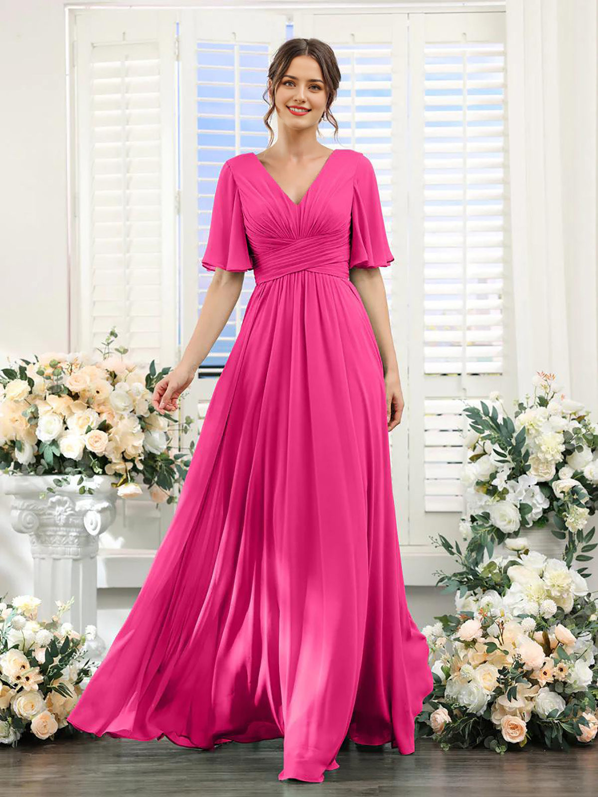 Robe femme longue – Chiffon – Col en V – Coupe évasée fluide – Manches courtes