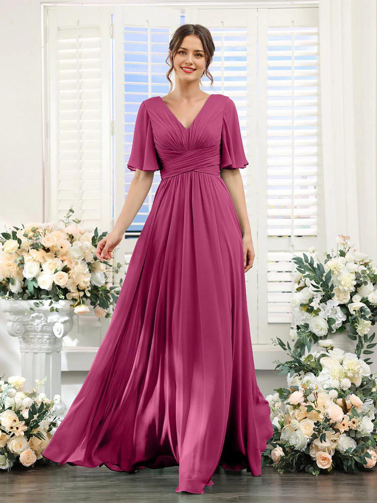 Robe femme longue – Chiffon – Col en V – Coupe évasée fluide – Manches courtes