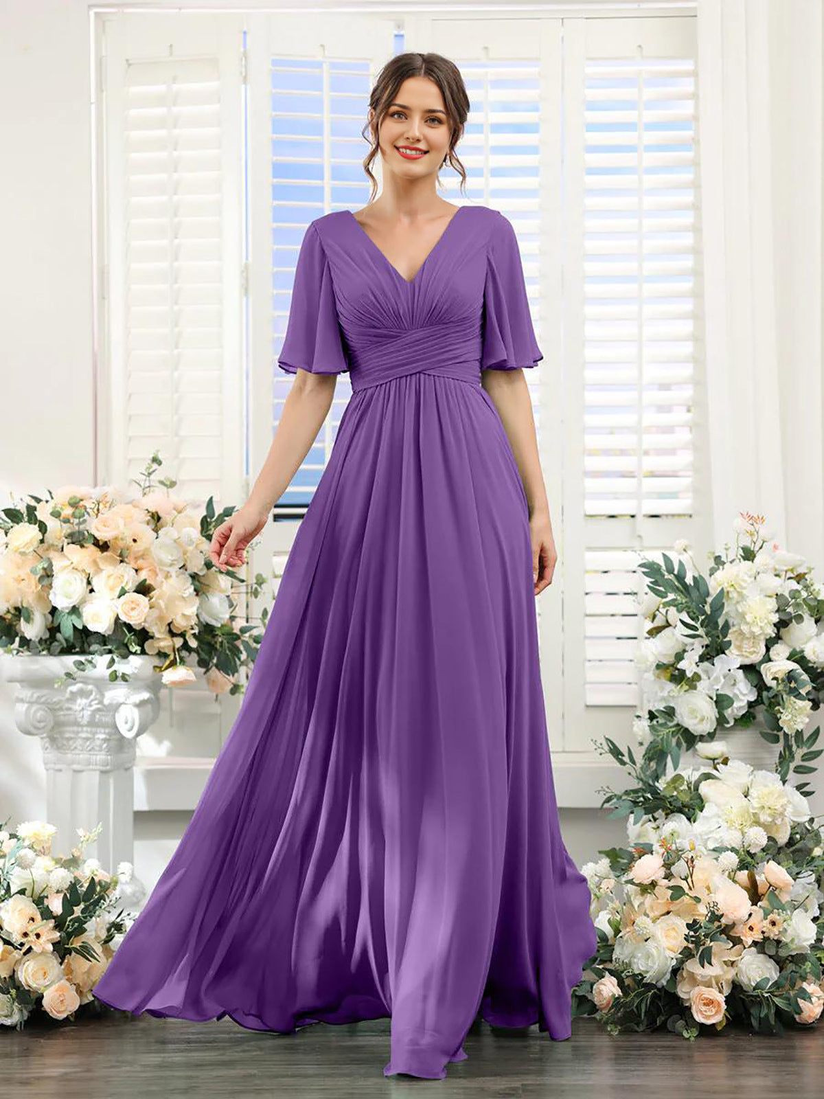 Robe femme longue – Chiffon – Col en V – Coupe évasée fluide – Manches courtes