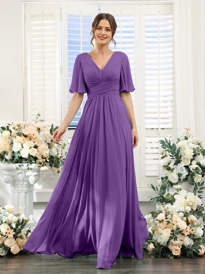 Robe femme longue – Chiffon – Col en V – Coupe évasée fluide – Manches courtes