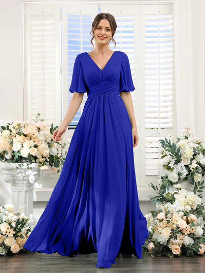 Robe femme longue – Chiffon – Col en V – Coupe évasée fluide – Manches courtes