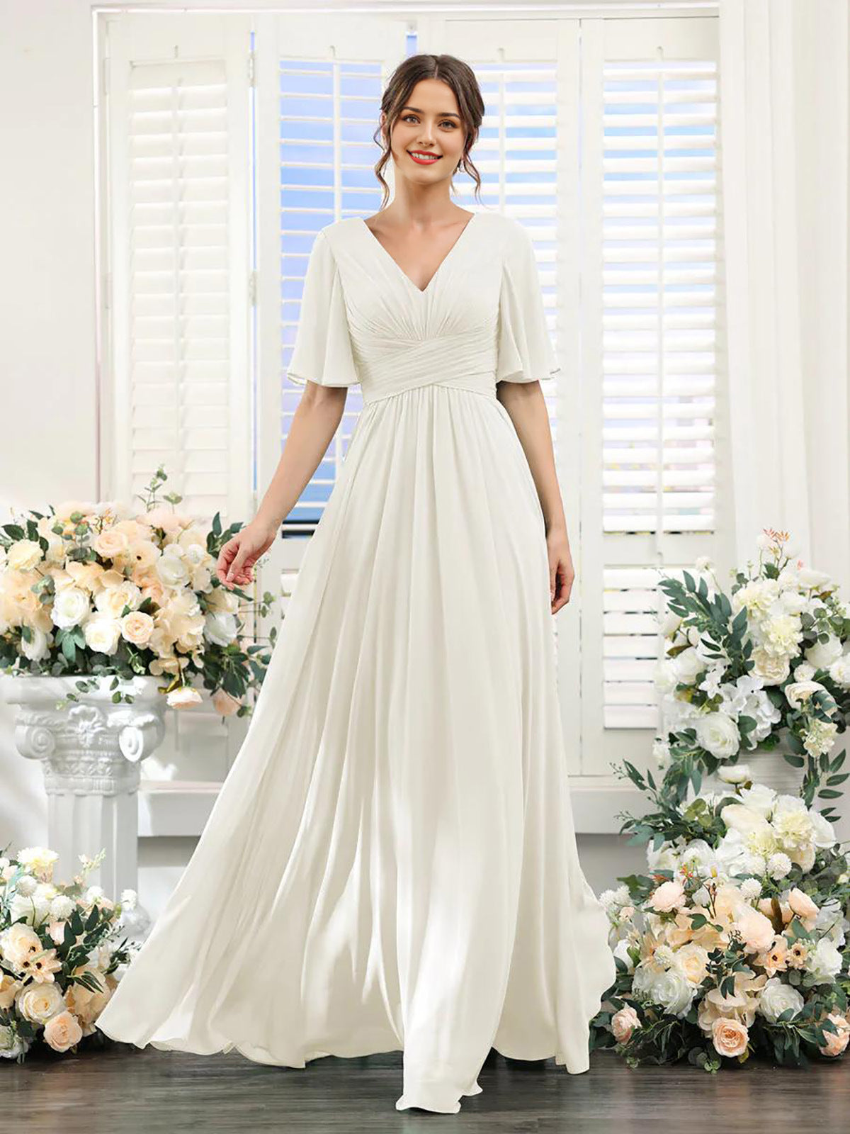 Robe femme longue – Chiffon – Col en V – Coupe évasée fluide – Manches courtes