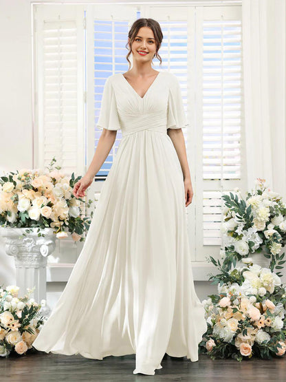 Robe femme longue – Chiffon – Col en V – Coupe évasée fluide – Manches courtes