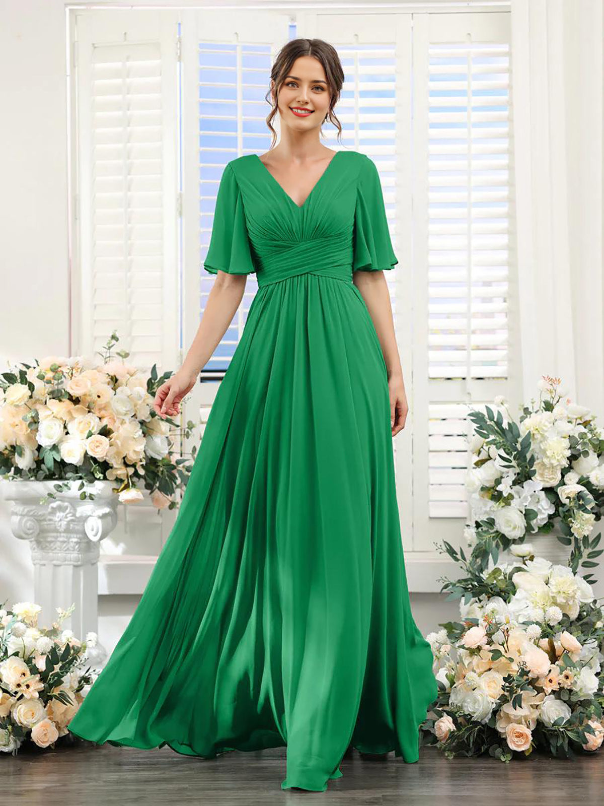 Robe femme longue – Chiffon – Col en V – Coupe évasée fluide – Manches courtes