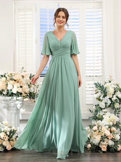 Robe femme longue – Chiffon – Col en V – Coupe évasée fluide – Manches courtes