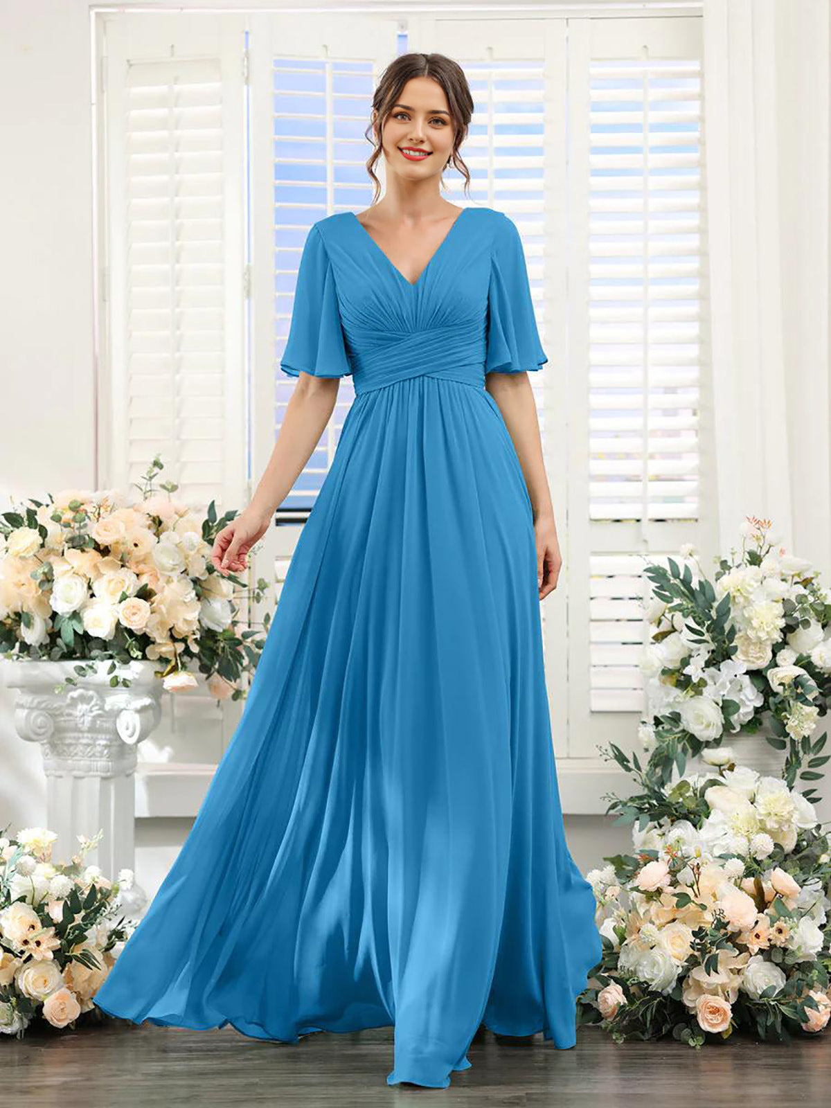 Robe femme longue – Chiffon – Col en V – Coupe évasée fluide – Manches courtes