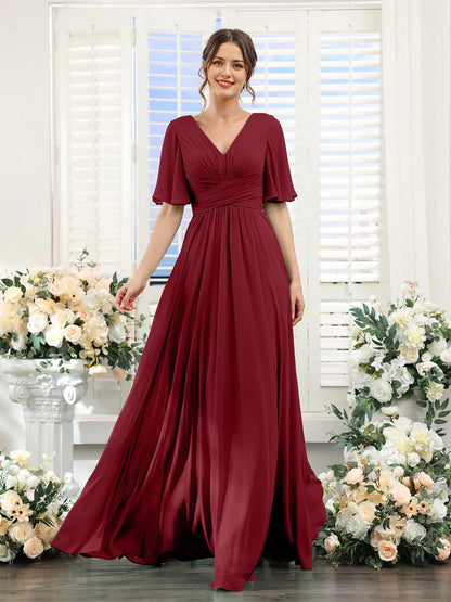 Robe femme longue – Chiffon – Col en V – Coupe évasée fluide – Manches courtes