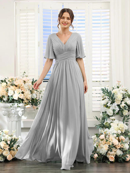 Robe femme longue – Chiffon – Col en V – Coupe évasée fluide – Manches courtes