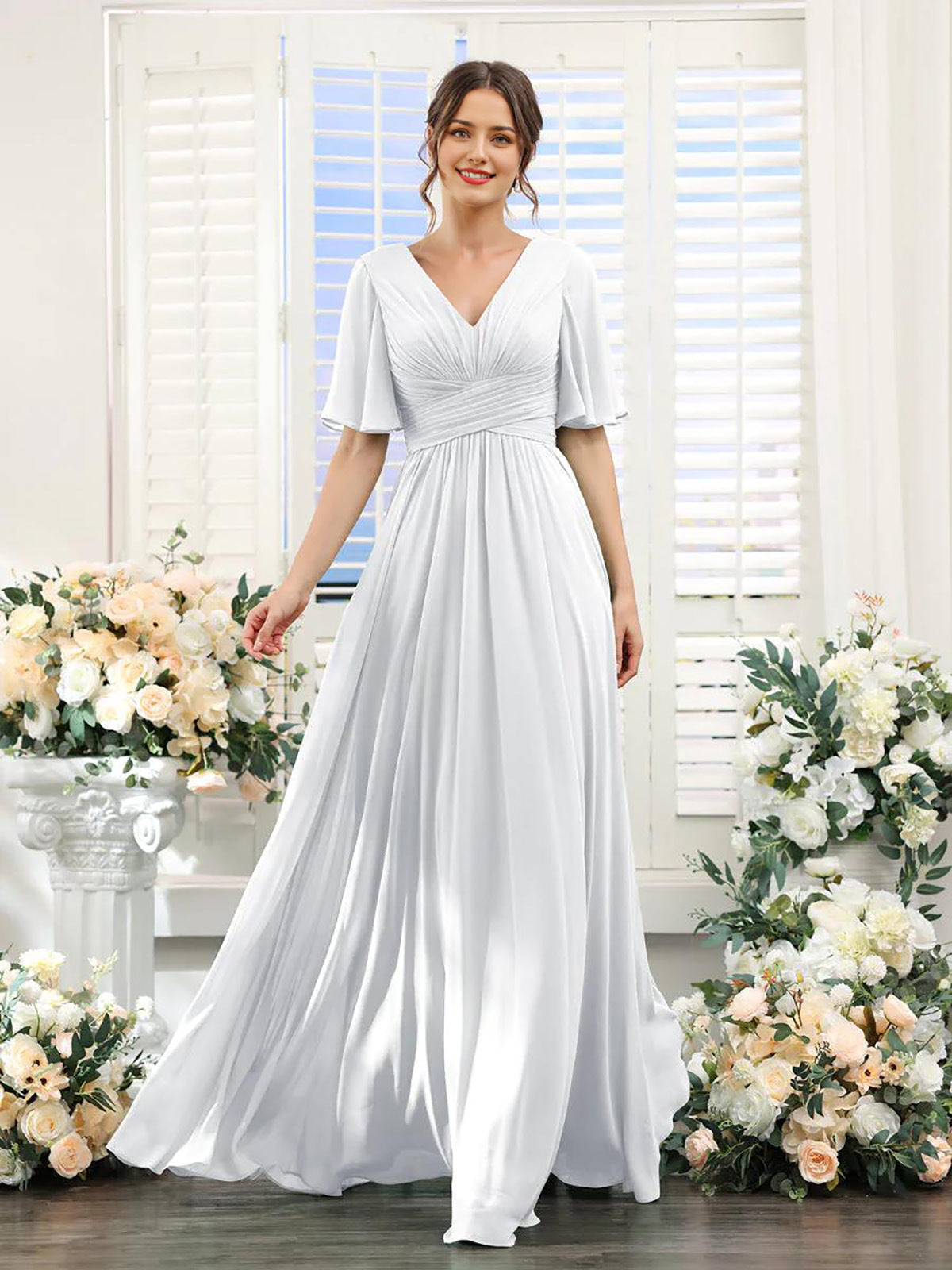 Robe femme longue – Chiffon – Col en V – Coupe évasée fluide – Manches courtes