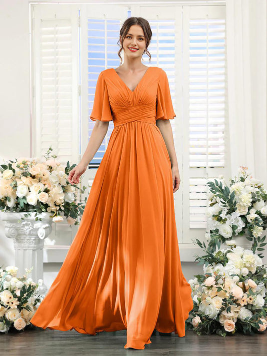 Robe femme longue – Chiffon – Col en V – Coupe évasée fluide – Manches courtes