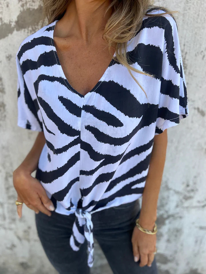 Blouse femme – Coupe décontractée – Décolleté en V – Nœud devant – Manches courtes – Tissu respirant
