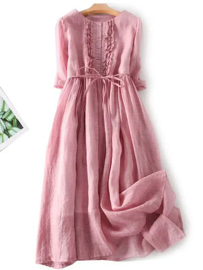 Robe midi femme – Lin – Coupe décontractée – Boutonnée – Taille ceinturée – Volants