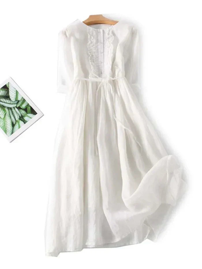 Robe midi femme – Lin – Coupe décontractée – Boutonnée – Taille ceinturée – Volants