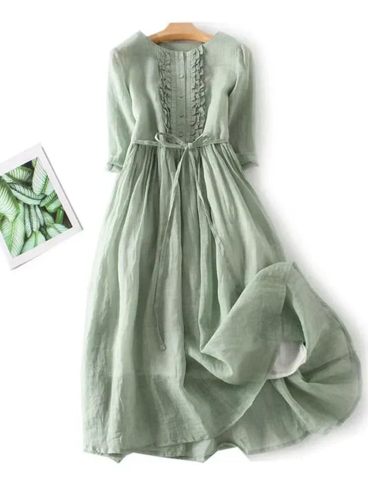 Robe midi femme – Lin – Coupe décontractée – Boutonnée – Taille ceinturée – Volants