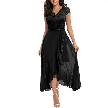 Robe de soirée femme – Coupe évasée – Dentelle élégante – Ourlet asymétrique fluide