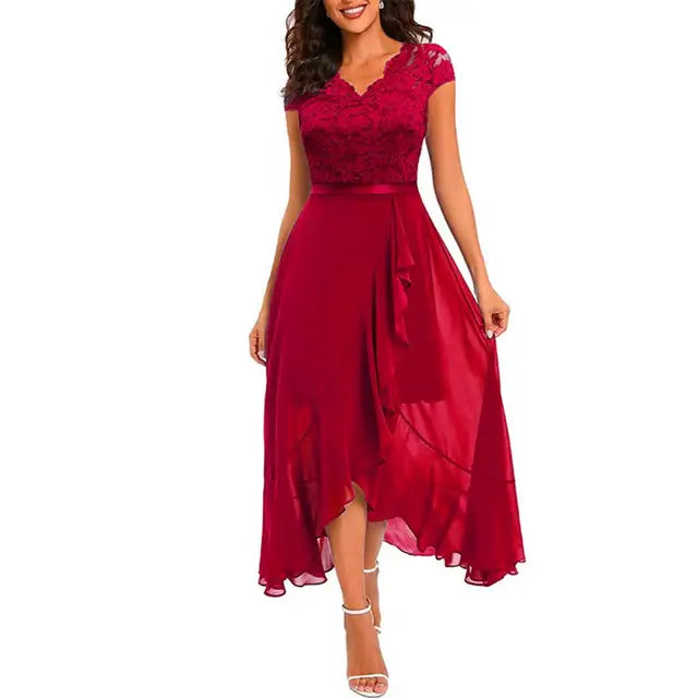 Robe de soirée femme – Coupe évasée – Dentelle élégante – Ourlet asymétrique fluide