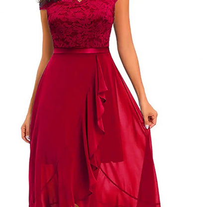 Robe de soirée femme – Coupe évasée – Dentelle élégante – Ourlet asymétrique fluide