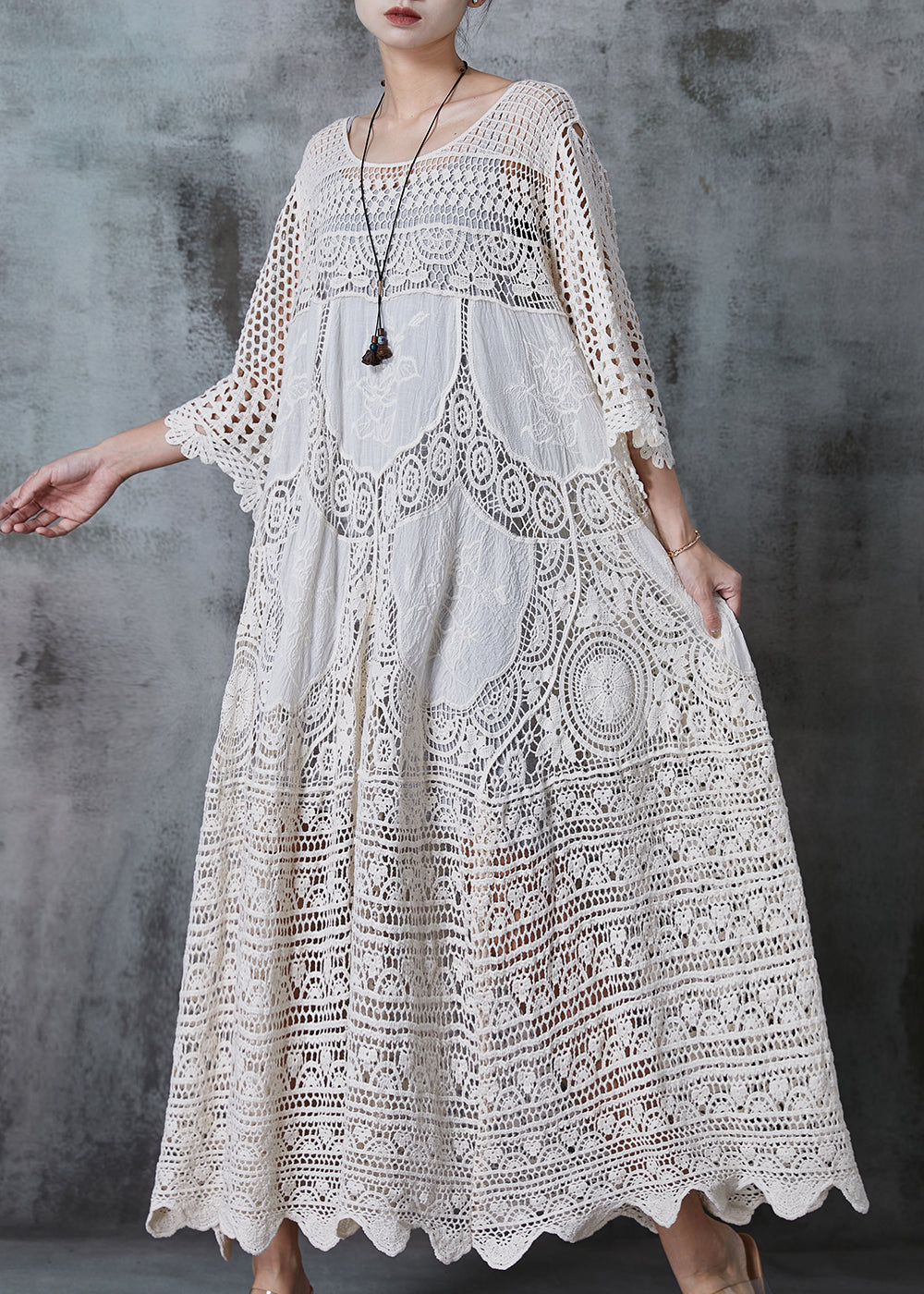 Robe longue femme – Coupe ample – Dentelle ajourée