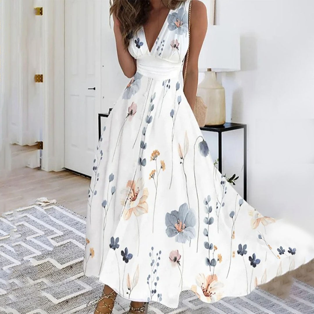 Robe longue femme – Tissu respirant – Coupe décontractée – Sans manches – Imprimé floral
