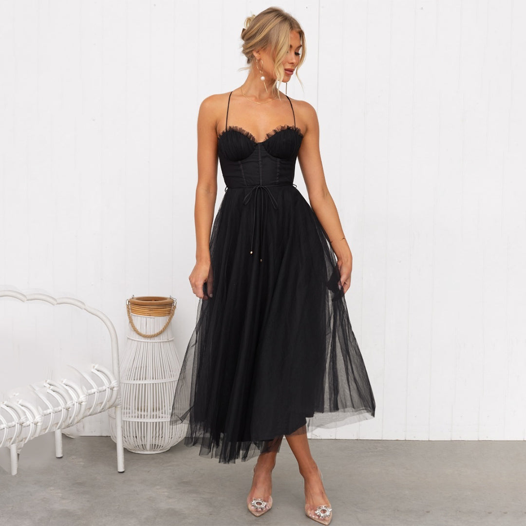Robe midi femme – Coupe ajustée – Jupe évasée – Fines bretelles – Voile élégant