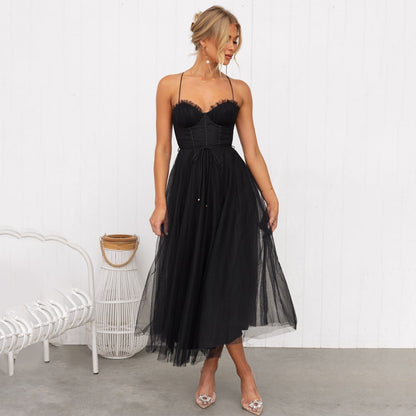 Robe midi femme – Coupe ajustée – Jupe évasée – Fines bretelles – Voile élégant