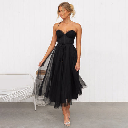 Robe midi femme – Coupe ajustée – Jupe évasée – Fines bretelles – Voile élégant