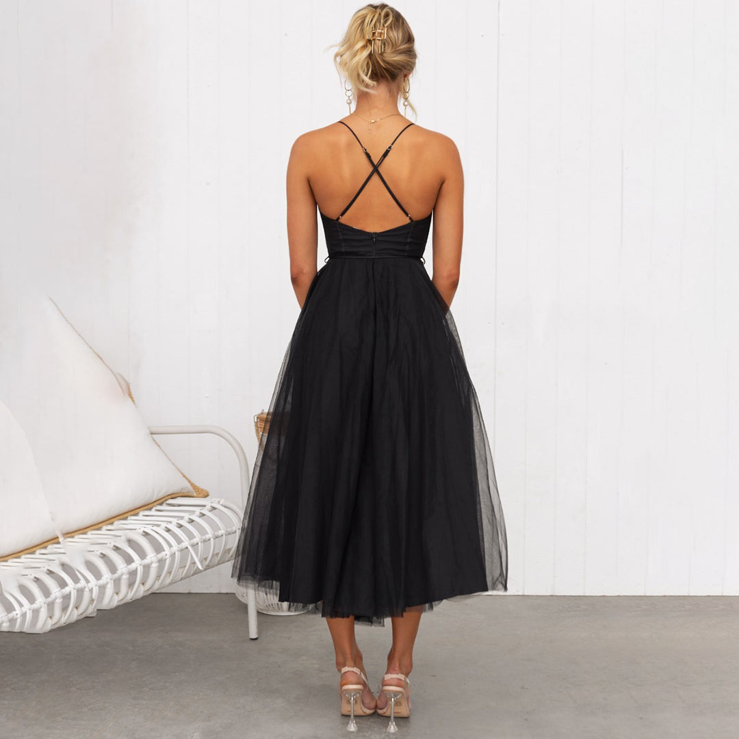 Robe midi femme – Coupe ajustée – Jupe évasée – Fines bretelles – Voile élégant