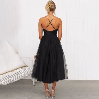 Robe midi femme – Coupe ajustée – Jupe évasée – Fines bretelles – Voile élégant