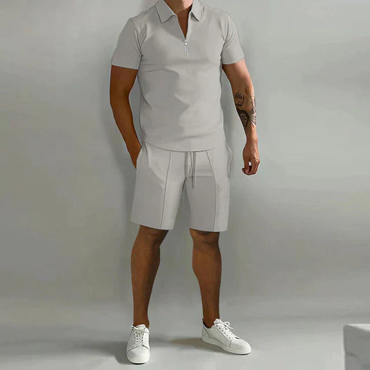 Ensemble de sport pour hommes - Coupe classique - Mélange respirant - Col zippé - Manches courtes décontractées