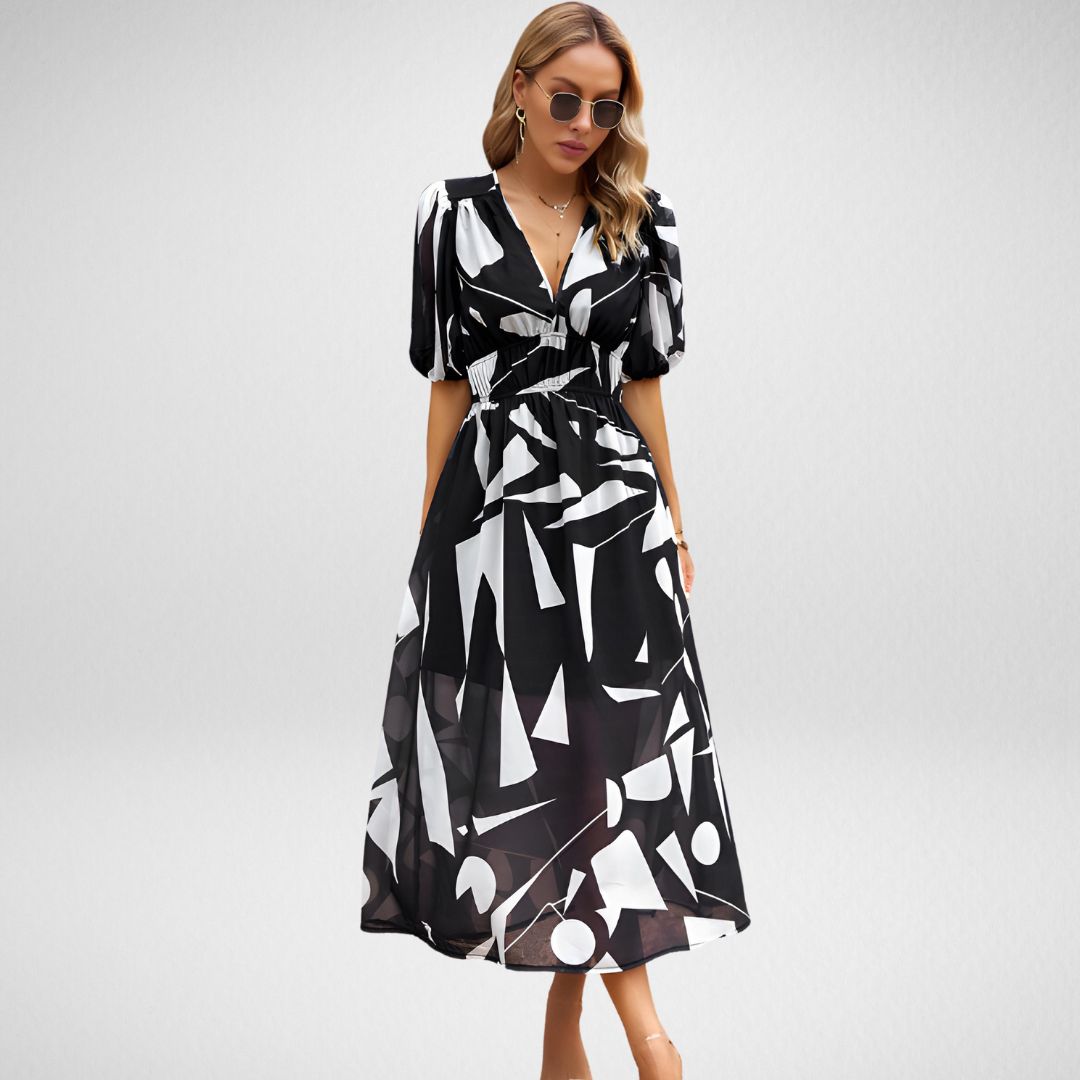 Robe longue femme – Coupe fluide – Manches bouffantes – Motif géométrique – Col en V