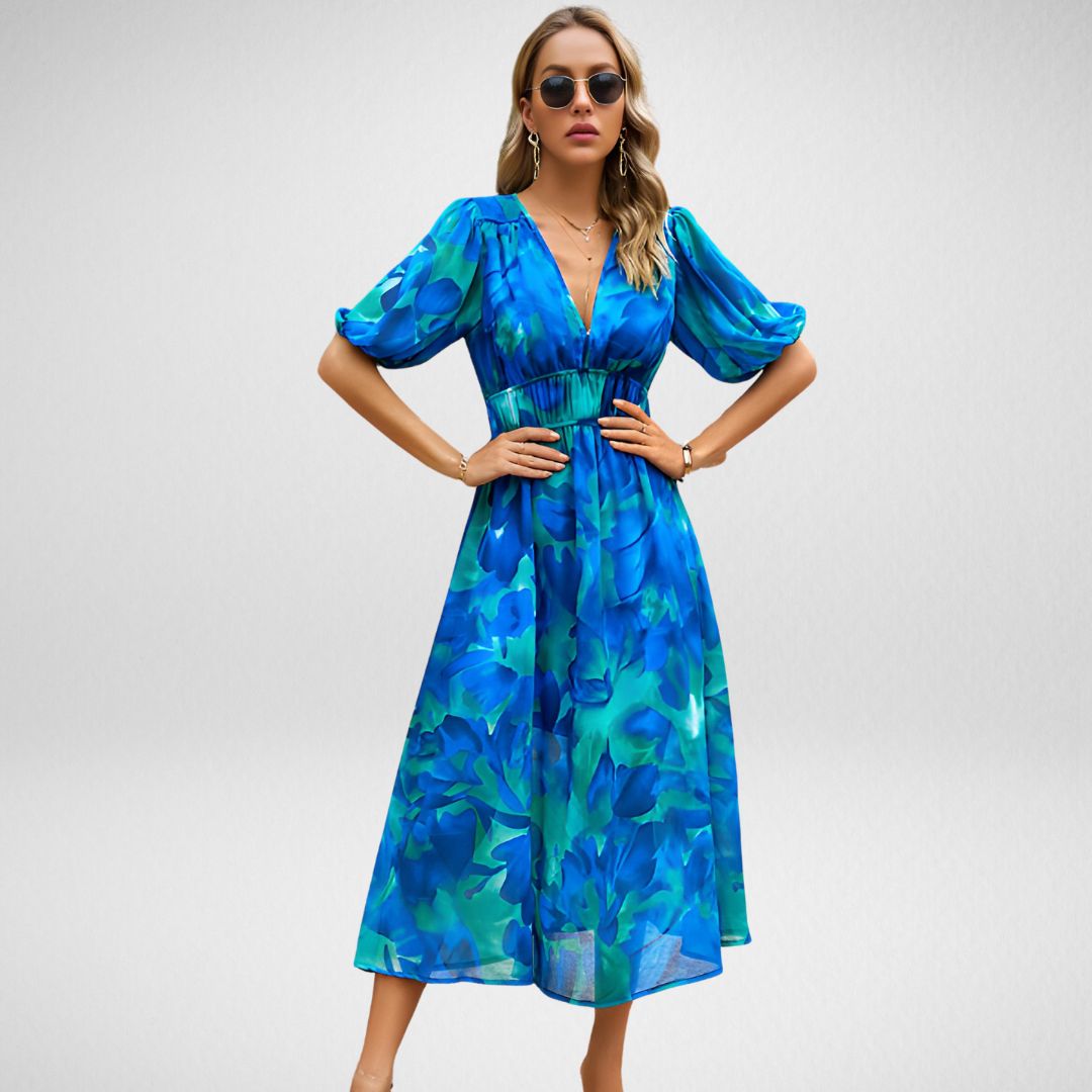Robe longue femme – Coupe fluide – Manches bouffantes – Motif géométrique – Col en V