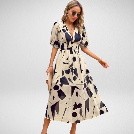 Robe longue femme – Coupe fluide – Manches bouffantes – Motif géométrique – Col en V