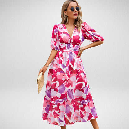 Robe longue femme – Coupe fluide – Manches bouffantes – Motif géométrique – Col en V
